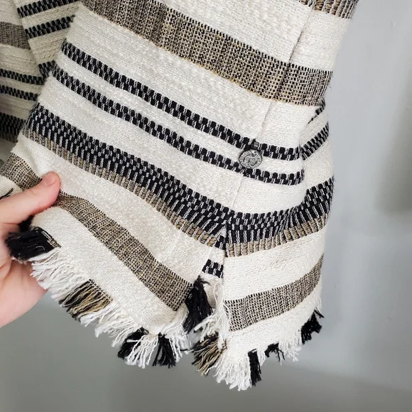 Scotch And Soda Medium Jacket Open Front Cotton Coat Neutral Stripes Boho Fringe - Picture 4 of 16